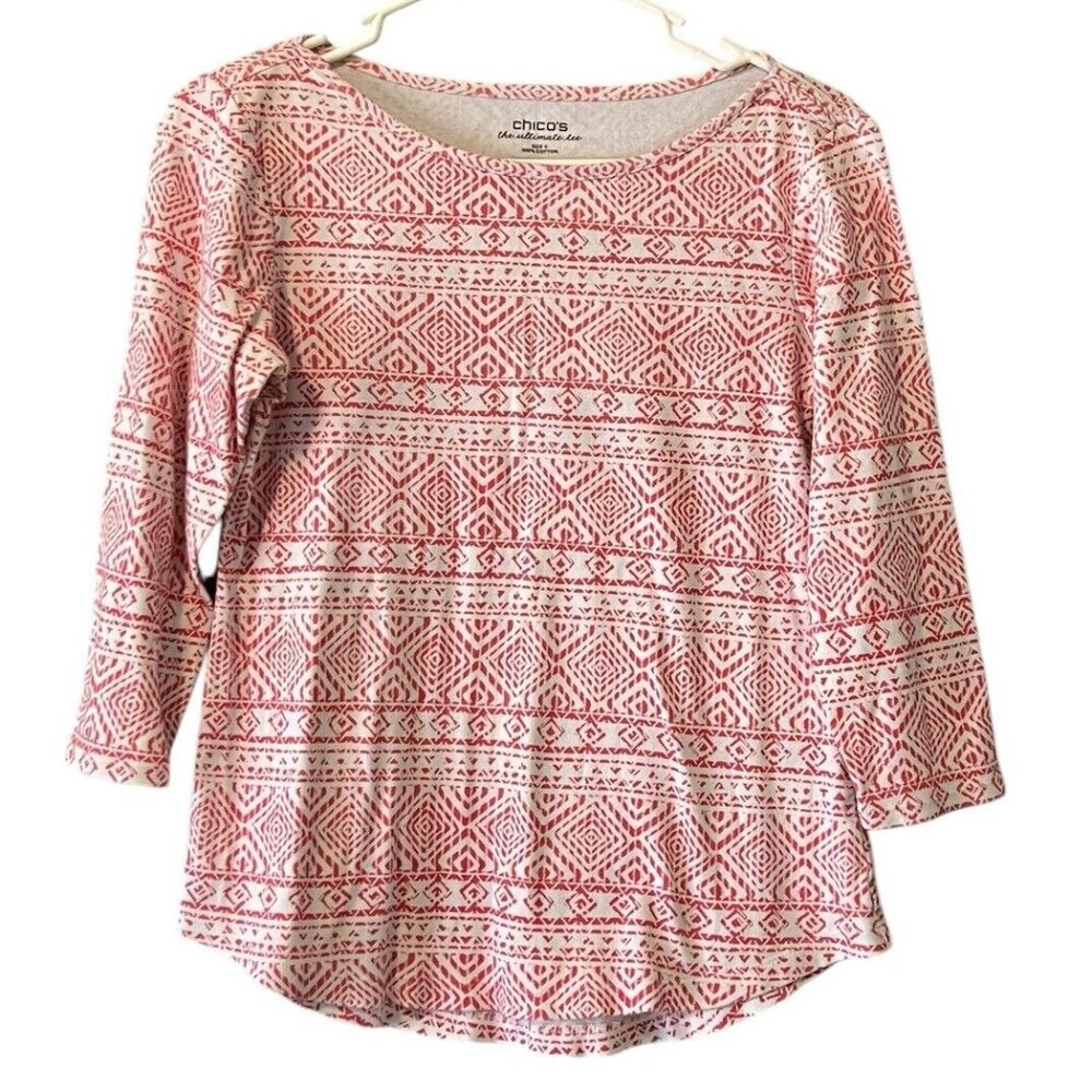 Chicos Size 0 ‎ Pink Aztec The Ultimate Tee Cotton Shirt Modern Comfy Loungewear